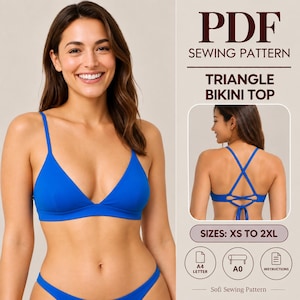 May include: A PDF sewing pattern for a bright blue triangle bikini top. The design features thin shoulder straps and a back with crisscross detailing. The text includes PDF SEWING PATTERN, TRIANGLE BIKINI TOP, SIZES: XS TO 2XL, A4 LETTER, A0, INSTRUCTIONS.