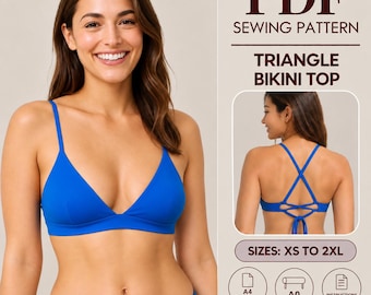 Puede incluir: Un patrón de costura en PDF para un top de bikini triangular de color azul brillante. El diseño cuenta con tirantes finos y una espalda con detalles cruzados. El texto incluye PDF SEWING PATTERN, TRIANGLE BIKINI TOP, SIZES: XS TO 2XL, A4 LETTER, A0, INSTRUCTIONS.