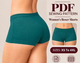 May include: A PDF sewing pattern for boxer shorts by Sofi, featuring a dark teal pair of shorts shown from the back and front. The text includes 'Sofi Sewing Pattern', 'PDF Sewing Pattern', 'Boxer Shorts', 'Sizes: XS To 4XL', 'A4 / US Letter', and 'Instructions Included'.