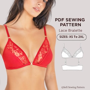 Peut inclure: Une bralette en dentelle rouge avec des bretelles fines et une fermeture frontale. L'image contient le texte PDF SEWING PATTERN, Lace Bralette, SIZES: XS To 2XL, et Sofi Sewing Pattern, ainsi qu'un dessin technique de face et de dos.