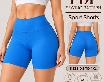 May include: A PDF sewing pattern for sport shorts, featuring text that reads PDF SEWING PATTERN, Sport Shorts, SIZES: XS TO 4XL, A4 LETTER, A0, and INSTRUCTIONS. The image displays bright blue high-waisted shorts from both front and back views.