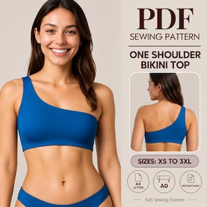 May include: A PDF sewing pattern for a blue one-shoulder bikini top. The image displays the front and back views of the garment, with text indicating sizes XS to 3XL, A4 letter, A0, and instructions. The design features a single strap.