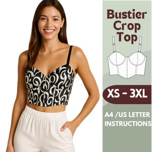 May include: A black and white patterned bustier crop top with thin black straps. The top is paired with cream-colored pants. The image also includes a graphic with the text "Bustier Crop Top" and size range "XS - 3XL".