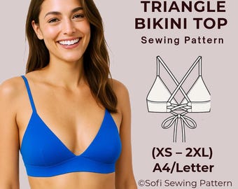 May include: A woman wearing a bright blue triangle bikini top. The image includes a line drawing of a white bikini top with a crisscross back and the text "TRIANGLE BIKINI TOP Sewing Pattern (XS - 2XL) A4/Letter ©Sofi Sewing Pattern Beginner Friendly."