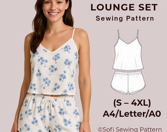 Sleep Lounge Set Sewing Pattern | Cami Top & Shorts PDF Pattern | Women's Pajama Set | Beginner Friendly | S–4XL | A4 Letter A0