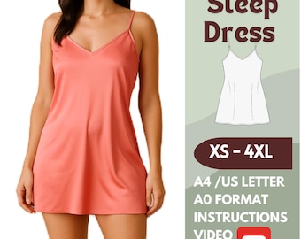 Sleep Dress Sewing Pattern – PDF Nightgown Pattern for Women – Slip Dress Lingerie Pattern – Sizes XS-4XL – A4, Letter, A0 – Video Tutorial