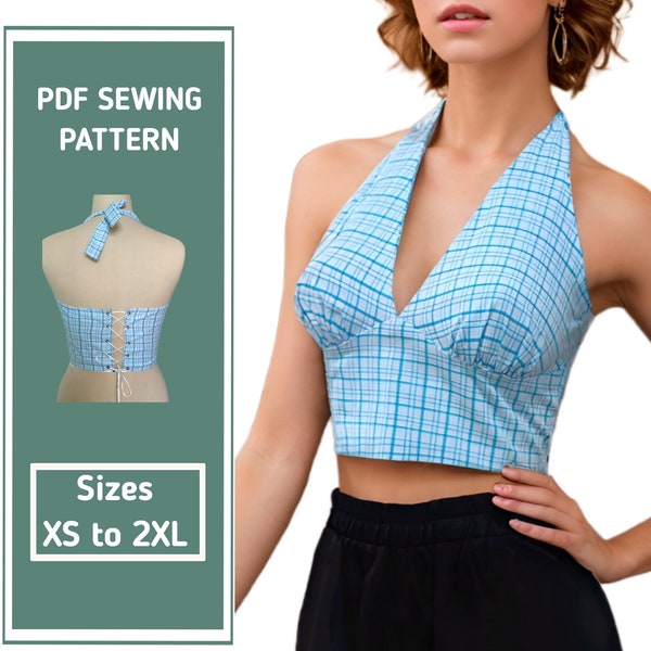 Halter Top Sewing Pattern | seamless top Pattern| Vintage Crop Top| Sizes (XS to 2XL) | Include instructions