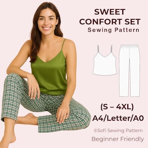 Pyjama-Set-Schnittmuster – Trägertop und Hose mit geradem Bein (PDF-Schnittmuster) – Nachtwäsche-Schnittmuster in den Größen S–4XL – Anfängerfreundliche Loungewear