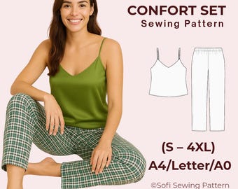 Pajama Set Sewing Pattern - Camisole Top and Straight leg Pants PDF Pattern - Sleepwear Pattern Sizes S-4XL- Beginner Friendly Loungewear