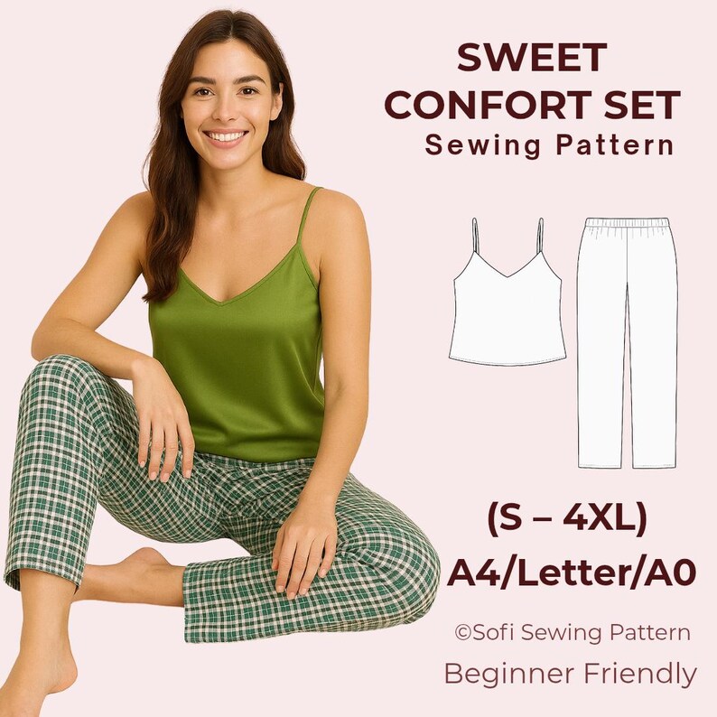 Pajama Set Sewing Pattern - Camisole Top and Straight Leg Pants PDF ...