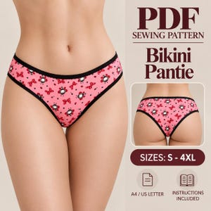 May include: A PDF sewing pattern for a bikini pantie in sizes S-4XL. The pantie is pink with a repeating pattern of red bows and black-and-white flower motifs, featuring black trim. The text reads PDF SEWING PATTERN, Bikini Pantie, SIZES: S-4XL.