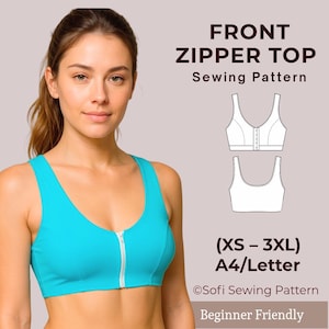 Puede incluir: Una mujer con un top turquesa con cremallera frontal. La imagen incluye una ilustración de patrón de costura y el texto "FRONT ZIPPER TOP Sewing Pattern (XS - 3XL) A4/Letter ©Sofi Sewing Pattern Beginner Friendly."