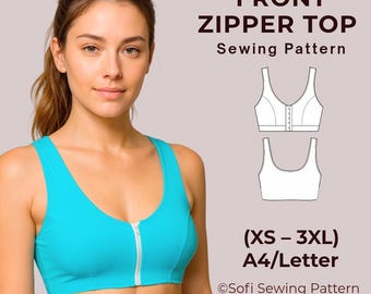 Front Zip Sports Bra Sewing Pattern PDF | Zipper Crop Top Pattern XS-3XL | Activewear Sewing Pattern | Instant Download A4 Letter