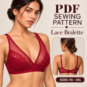 May include: A PDF sewing pattern for a red lace bralette. The image displays the front and back views of the bralette, which features sheer mesh panels and floral lace detailing. Text on the image reads: PDF SEWING PATTERN, Lace Bralette, SIZES: XS - 3XL.