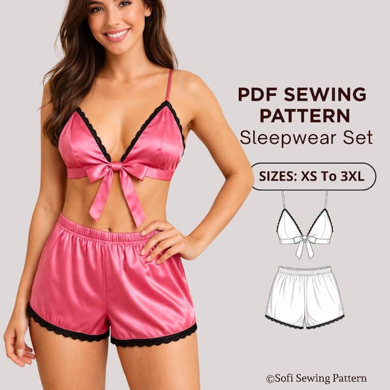 Patrón de Costura Pijama Satinada Mujer | Top Triángulo Amarrado y Short | Lencería | XS–3XL
