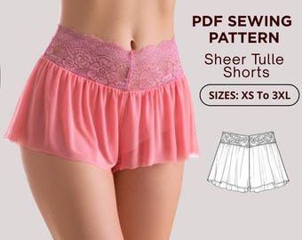 Lace Waist Lingerie Shorts Sewing Pattern XS–3X | Flowy Mesh Pajama Shorts PDF Pattern