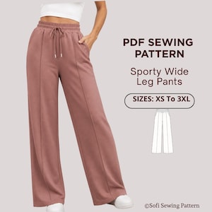 Puede incluir: Pantalones de pierna ancha de color rosa empolvado con cintura con cordón y bolsillos. La imagen incluye el texto "PDF Sewing Pattern" y "Sporty Wide Leg Pants". Las tallas del patrón van de la XS a la 3XL. También se incluye un dibujo lineal de los pantalones.