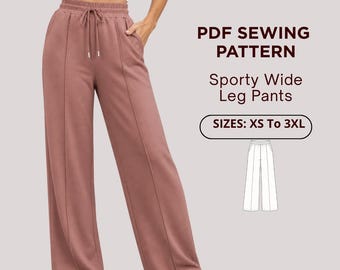 Wide Leg Sweatpants Pattern, High Waisted Lounge Pants, Elastic Waist with Pockets, PDF Sewing Pattern XS-3XL