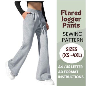 Molde de Costura para Calça Jogger Flare – Calça Lounge de Perna Larga com Bolsos – XS a 4XL – PDF A4, Carta EUA, A0 – Adequado para Iniciantes