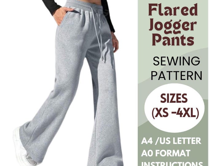 Featured listing image: Flared Jogger Pants Sewing Pattern – Wide Leg Lounge Pants with Pockets – XS to 4XL – PDF A4, US Letter, A0 – Beginner Friendly