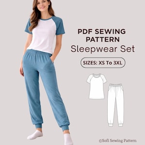 Patroon voor damespyjama (PDF), patroon voor een nachtkleding set, poloshirt met raglanmouwen en joggingbroek, naaipatroon XS-3XL