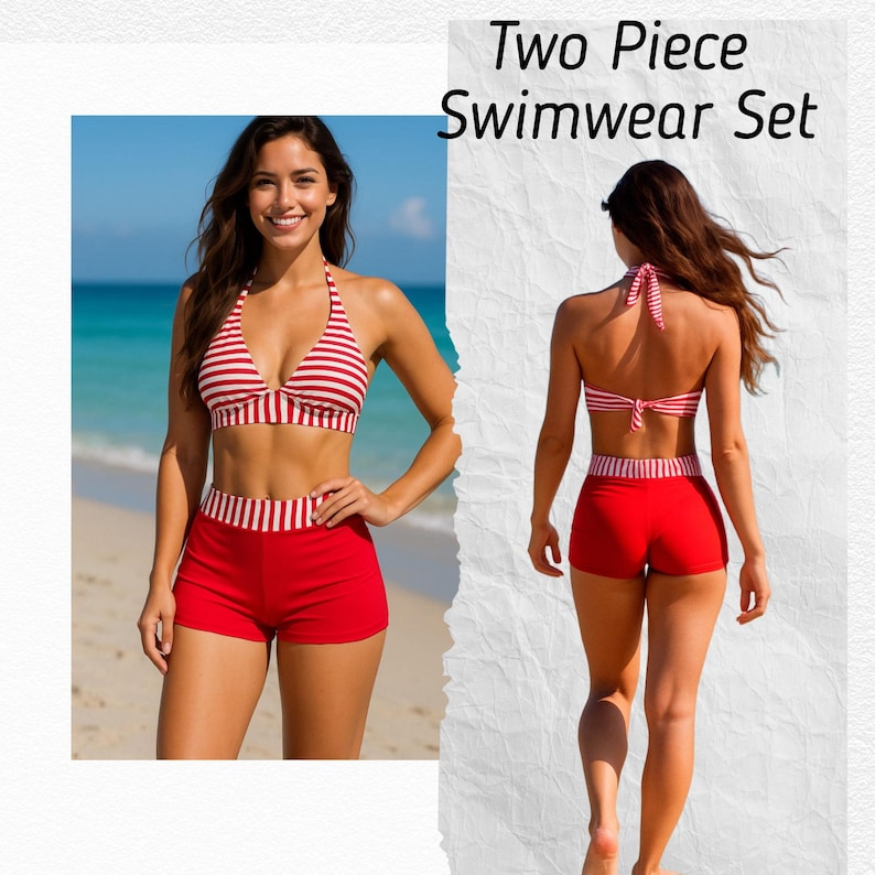 PDF-sömnadsmönster för tvådelat baddräktsset för kvinnor, halterneckbikini och badshorts, storlekar XS till 4XL, digitalt mönster bild 4