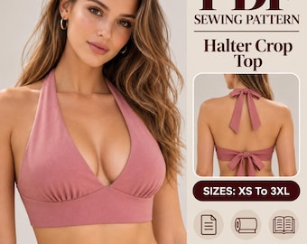Könnte beinhalten: Ein PDF-Schnittmuster für ein altrosa Neckholder-Crop-Top. Das Bild zeigt die Vorder- und Rückansicht des Kleidungsstücks mit tiefem V-Ausschnitt und Bindebändern am Nacken und Rücken. Der Text umfasst PDF SEWING PATTERN, Halter Crop Top, SIZES: XS To 3XL, A4 / US LETTER FORMAT, A0 FORMAT und INSTRUCTIONS INCLUDED.