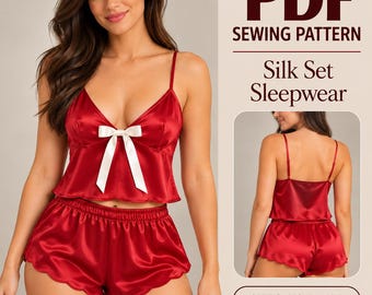 May include: A PDF sewing pattern for a red silk sleepwear set featuring a camisole with a white ribbon bow and matching scalloped shorts. The design includes thin straps and an elastic waistband, with sizes ranging from XS to 4XL clearly indicated.