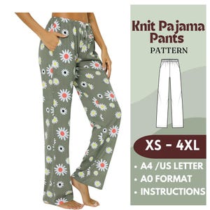Puede incluir: Patrón de costura para pantalones de pijama de punto con estampado de margaritas. El patrón incluye instrucciones para las tallas XS a 4XL y está disponible en formato A4/US Letter y A0.