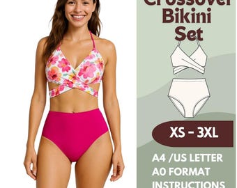 Bikini Sewing Pattern – Wrap Halter Top & High Waist Bottom – PDF Swimsuit Pattern for Women, Crisscross Bikini Set, Sizes XS-3XL