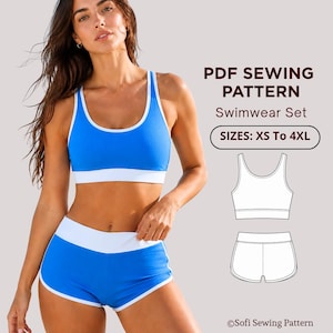 Swimwear Set Sewing Pattern PDF | Sport Bikini Pattern | Crop Top & Swim Shorts | Tankini Style | XS-4XL