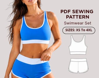 Swimwear Set Sewing Pattern PDF | Sport Bikini Pattern | Crop Top & Swim Shorts | Tankini Style | XS-4XL