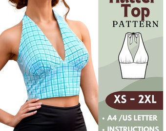 Halter Neck Crop Top Sewing Pattern with Step-by-Step Instructions  | Sizes XS to 2XL