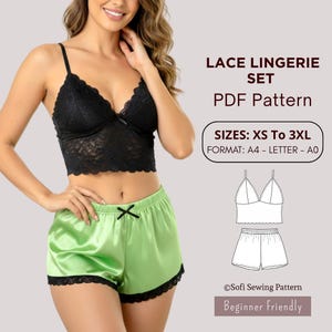 Lace Bralette & Satin Shorts Sewing Pattern – Loungewear Set PDF (XS–3XL) | A4/Letter/A0, Beginner Friendly