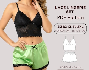 Lace Lingerie Set PDF Sewing Pattern, Bralette & Shorts Pattern, Sleepwear Pattern, Lingerie Sewing Pattern, XS-3XL, Instant Download