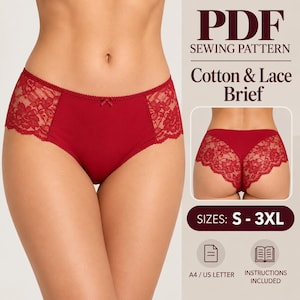 May include: A PDF sewing pattern for a cotton and lace brief in deep red. The design features solid fabric panels with floral lace side accents and a small centre bow. Text includes PDF SEWING PATTERN, Cotton & Lace Brief, SIZES: S - 3XL.