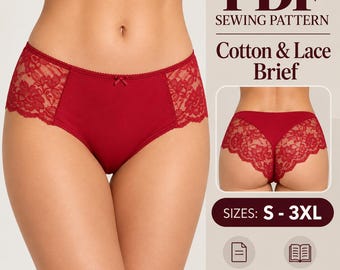 May include: A PDF sewing pattern for a cotton and lace brief in deep red. The design features solid fabric panels with floral lace side accents and a small centre bow. Text includes PDF SEWING PATTERN, Cotton & Lace Brief, SIZES: S - 3XL.