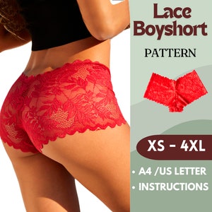 Puede incluir: Patrón de costura para shorty de encaje rojo. El patrón incluye tallas XS-4XL e instrucciones de costura. El patrón está impreso en papel A4.