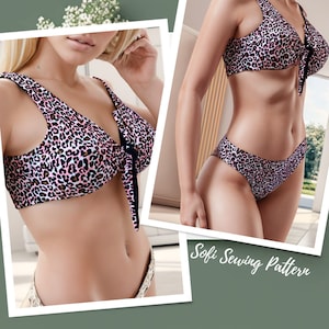 May include: A two-piece bikini set featuring a pink and black leopard print pattern. The top has a front tie closure and wide straps, while the matching bottom is a classic cut. The text Sofi Sewing Pattern is visible in the bottom right corner.