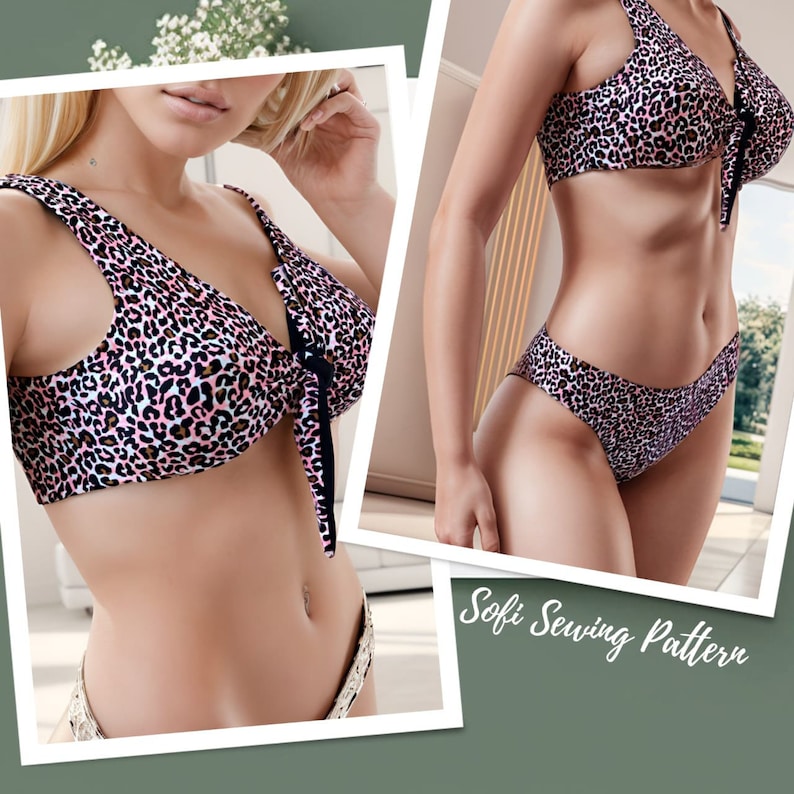 May include: A two-piece bikini set featuring a pink and black leopard print pattern. The top has a front tie closure and wide straps, while the matching bottom is a classic cut. The text Sofi Sewing Pattern is visible in the bottom right corner.