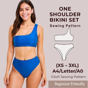 Bikini SET Sewing Pattern – One Shoulder Top & High Waist Bottom – PDF Swimsuit Pattern for Women, Crisscross Bikini Set, Sizes XS-3XL