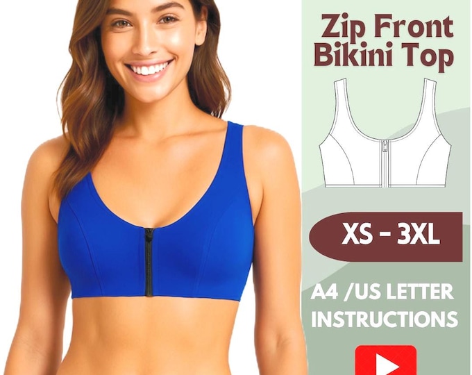Featured listing image: Versatile Zip Front Crop Top Sewing Pattern | Bikini & Sports Bra Style | Zipper Swimsuit Top PDF | XS–3XL | A4/Letter Printable