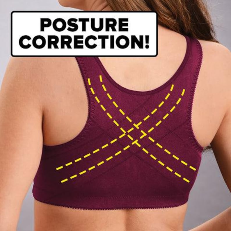 May include: A burgundy bra with yellow stitching designed to help improve posture. The text "POSTURE CORRECTION!" is visible in the image.