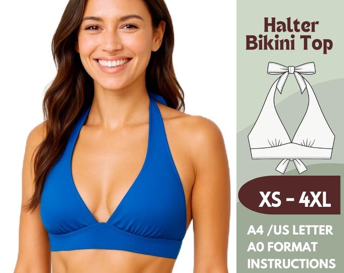 Featured listing image: Reversible Bikini Top Sewing Pattern – Halter Style PDF Swimwear Pattern – Beginner Friendly – Sizes XS-3XL – A4, Letter, A0
