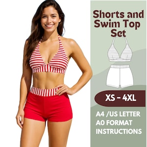 Badpak Naai Patroon – Halter Top en Zwemshort Set – PDF Bikini Patroon voor Vrouwen – Sportbadkleding – Maten XS-4XL – A4, Letter, A0