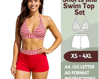 Swimsuit Sewing Pattern – Halter Top and Swim Shorts Set – PDF Bikini Pattern for Women – Athletic Swimwear – Sizes XS-4XL – A4, Letter, A0
