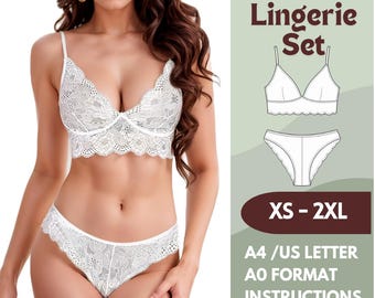 Lingerie Sewing Pattern – Bralette and Panty Set PDF – Lace Underwear Sewing Pattern for Women – Sizes XS-2XL – A4, Letter, A0 Format