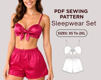 Satin-Loungewear-Set – Schnittmuster (PDF) für Oberteil und Shorts mit Schleife, Größen XS–2XL – Anfängerfreundlich – Inklusive Anleitung