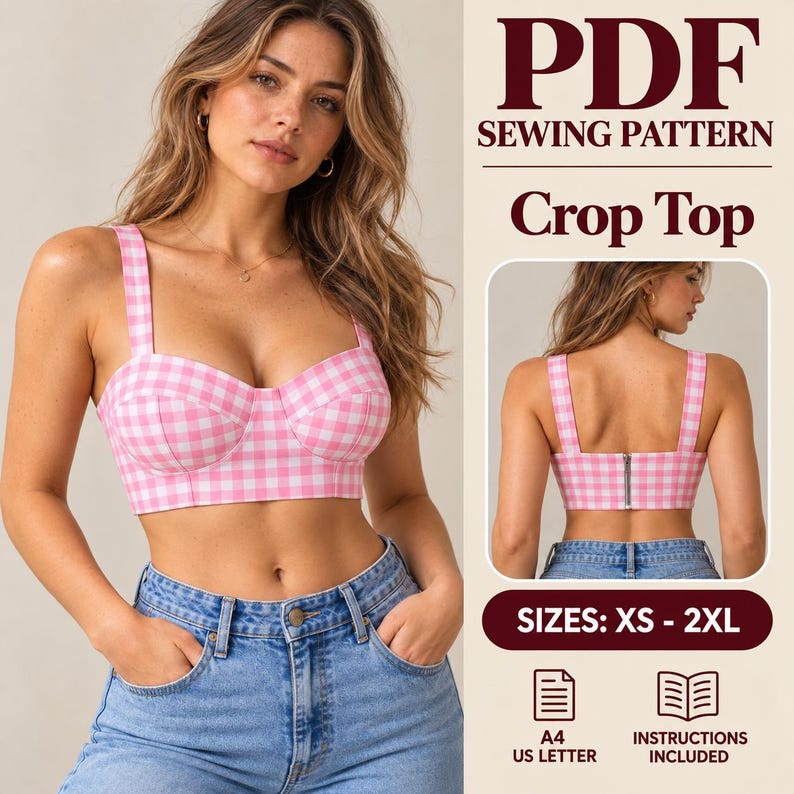 K&ouml;nnte beinhalten: Ein PDF-Schnittmuster f&uuml;r ein bauchfreies Oberteil mit rosa-wei&szlig;em Vichy-Karo-Muster. Das Design umfasst ein Bustier-Oberteil mit breiten Tr&auml;gern und einem Rei&szlig;verschluss am R&uuml;cken. Erh&auml;ltlich in den Gr&ouml;&szlig;en XS bis 2XL, inklusive A4 und US Letter.