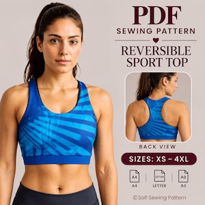 May include: A PDF sewing pattern for a reversible sport top. The image displays a blue racerback top with a sunburst pattern, shown from the front and back. Text includes PDF SEWING PATTERN, REVERSIBLE SPORT TOP, BACK VIEW, SIZES: XS - 4XL, A4, LETTER, A0.